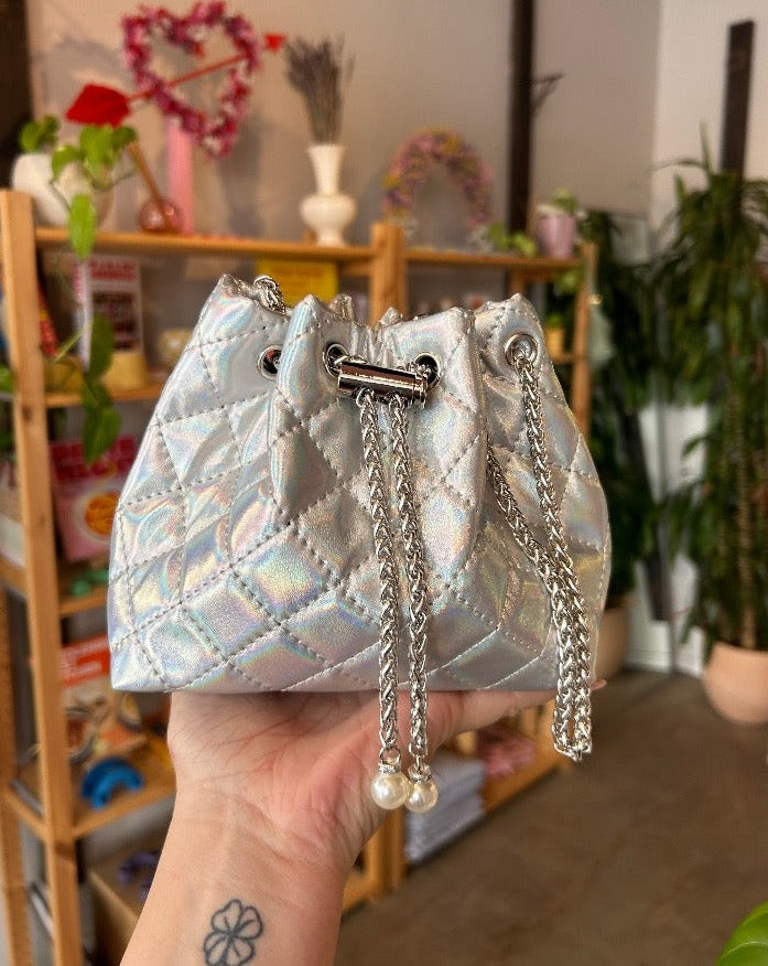 Quilted Bucket Bag with Pearls Silver