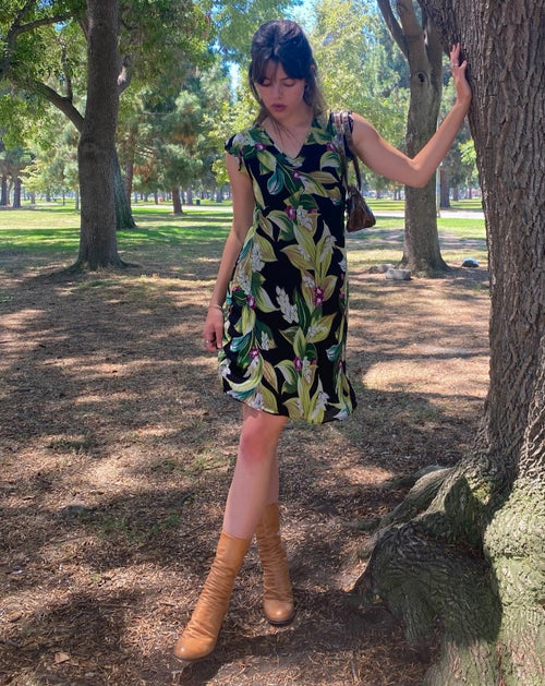 Vintage Black Floral Flutter Sleeve Dress