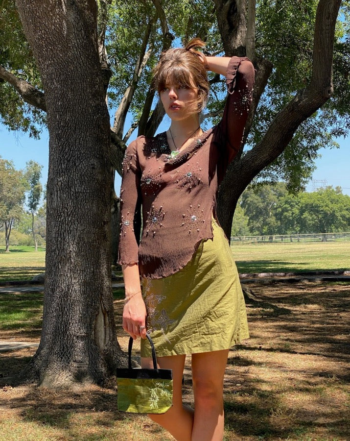 Vintage Green Floral Embroidered Mini Skirt