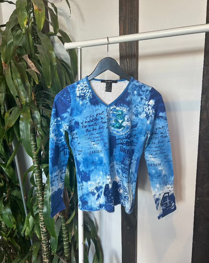 Vintage Teal Printed Sequin Top
