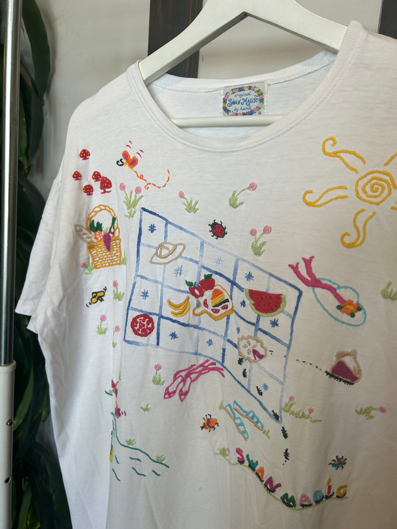 Vintage Hand Embroidered Picnic T-Shirt Dress
