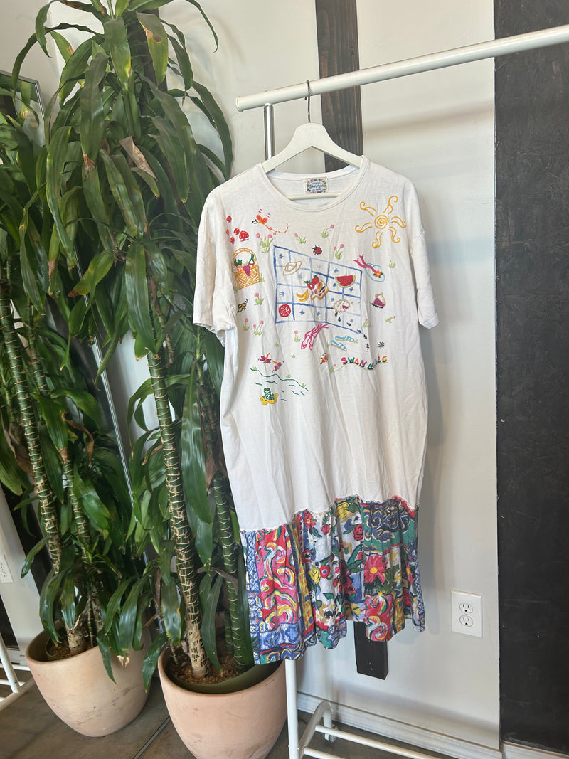Vintage Hand Embroidered Picnic T-Shirt Dress