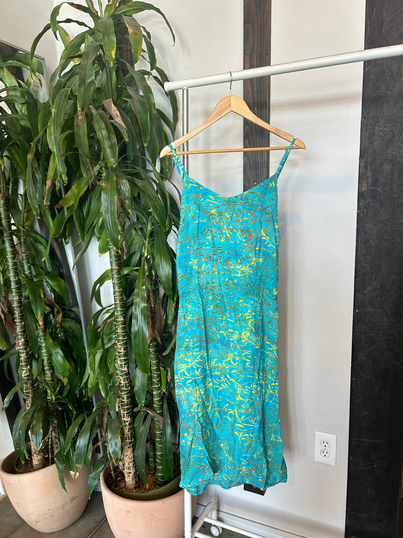 Vintage Teal Grass Printed Dress