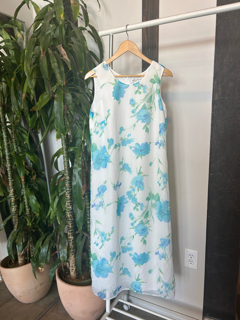 Vintage White Shift Dress with Blue Floral Print