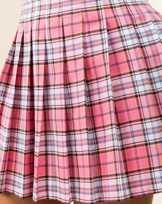 Pink Plaid Pleated Skirt