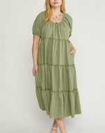 Olive Tiered Puff Sleeved Dress