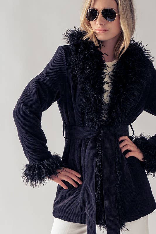 Black Corduroy Fur Trim Jacket