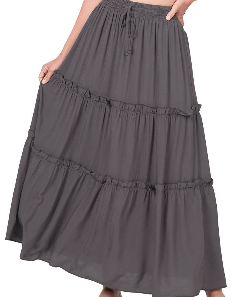 Woven Drawstring Waist Tiered Ruffle Maxi Skirt