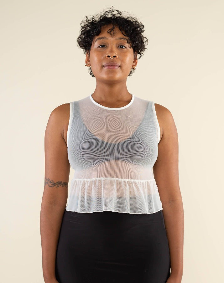 white mesh sleeveless top with peplum ruffle