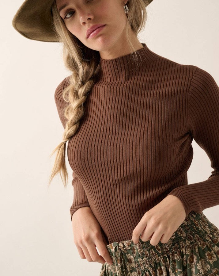 Brown Shaper Fit Mock Neck Top