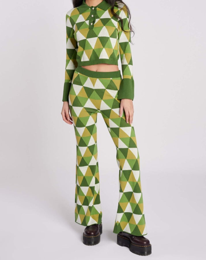Green Geo Knit Flare Pant