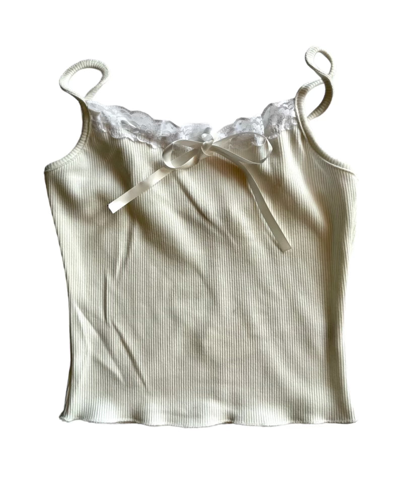 Off White Lace Trim Satin Bow Cami