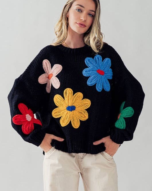 Embroidered Daisy Floral Oversized Sweater