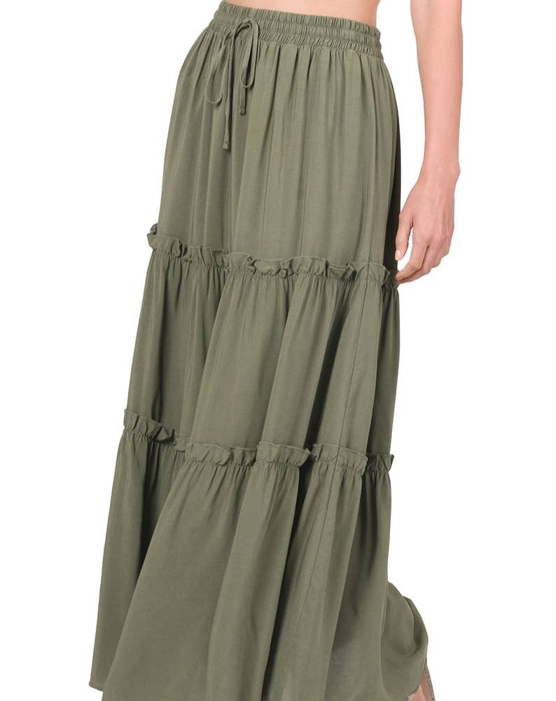 Plus Olive Drawstring Tiered Ruffle Maxi Skirt