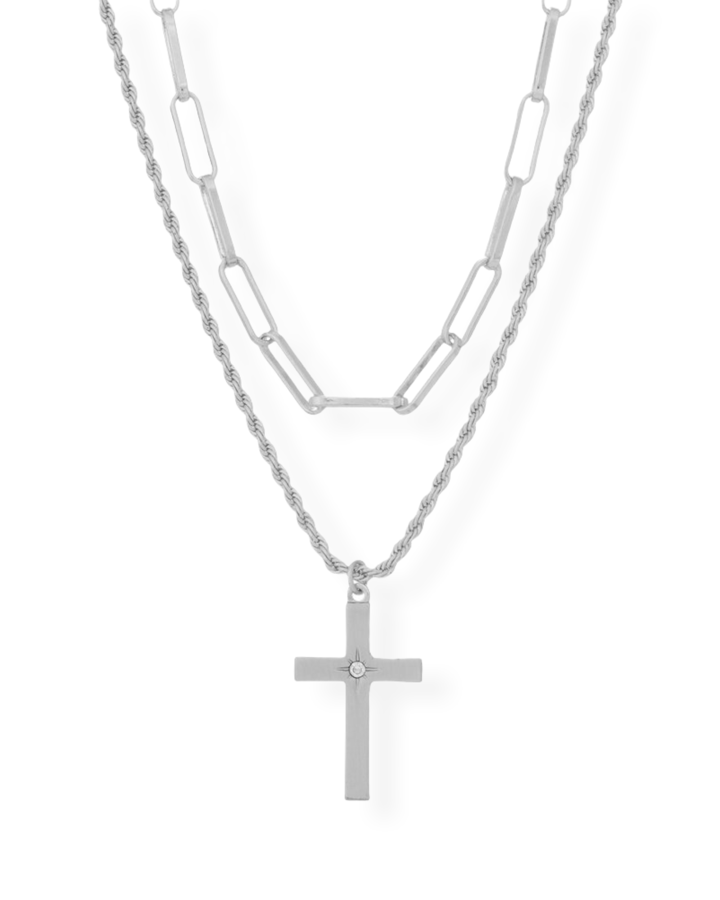 Twist Chain Silver Cross Necklace Set