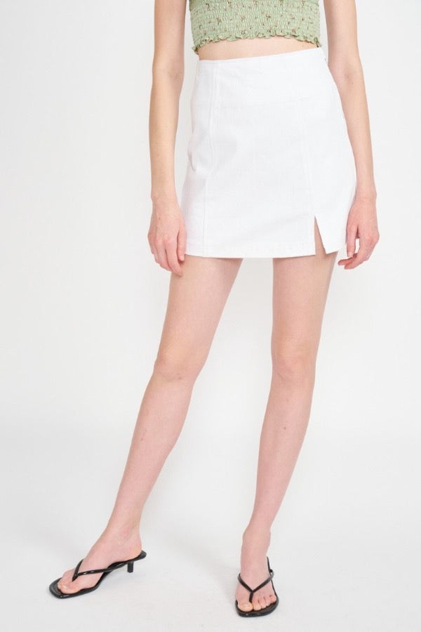 White Denim Slit Mini Skirt